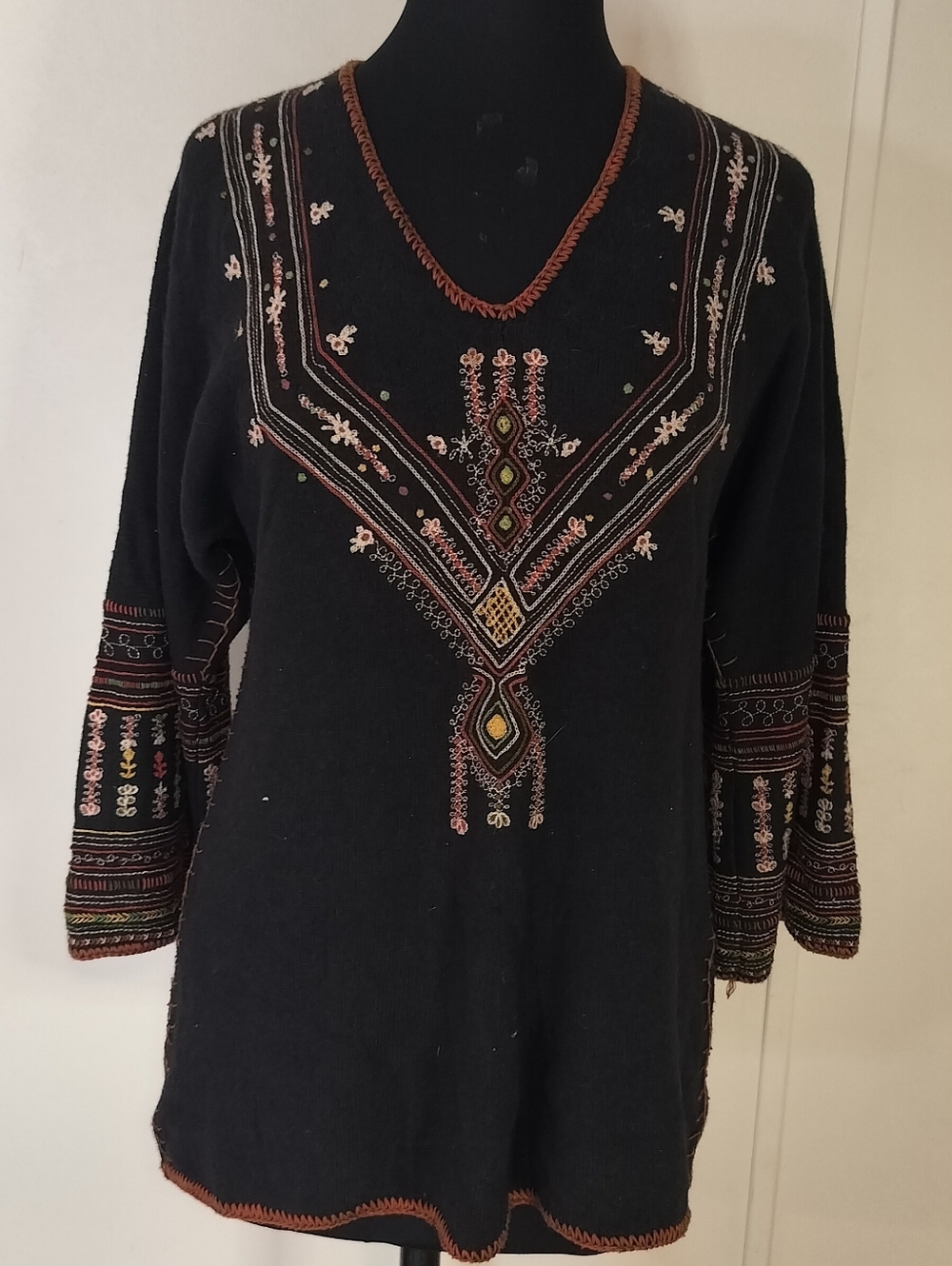 Lucky Brand Black Tunic with Multicolor Embroidery